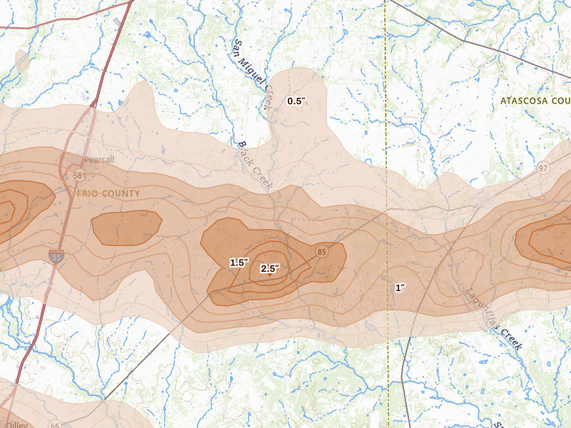 Radar-estimated hail-size map of the storm over Bigfoot, TX on May 26, 2026