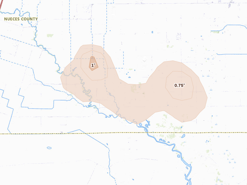 Radar-estimated hail-size map of the storm over Bishop, TX on Jul 20, 2026