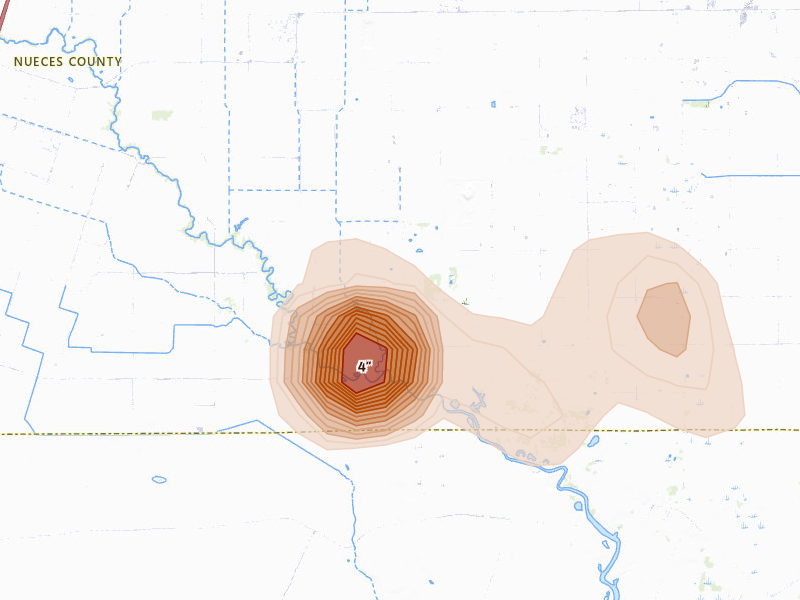 Radar-estimated hail-size map of the storm over Bishop, TX on Aug 21, 2026