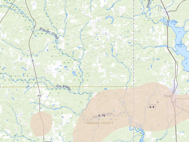 Radar-estimated hail-size map of the storm over Bivins, TX on Jun 2, 2026