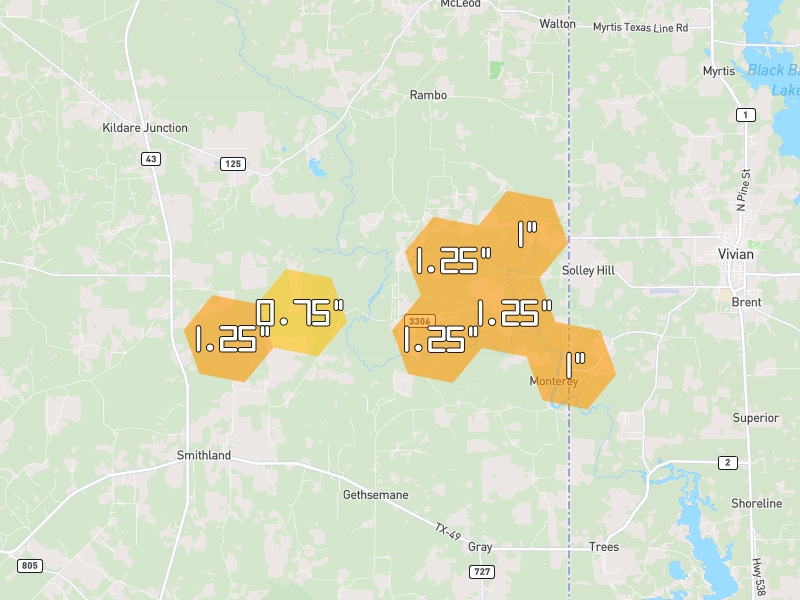Hail map of Bivins, TX on Jun 2, 2026, hail up to 1.25"