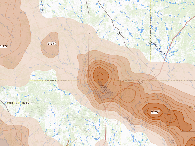 Radar-estimated hail-size map of the storm over Blackwell, TX on May 10, 2026