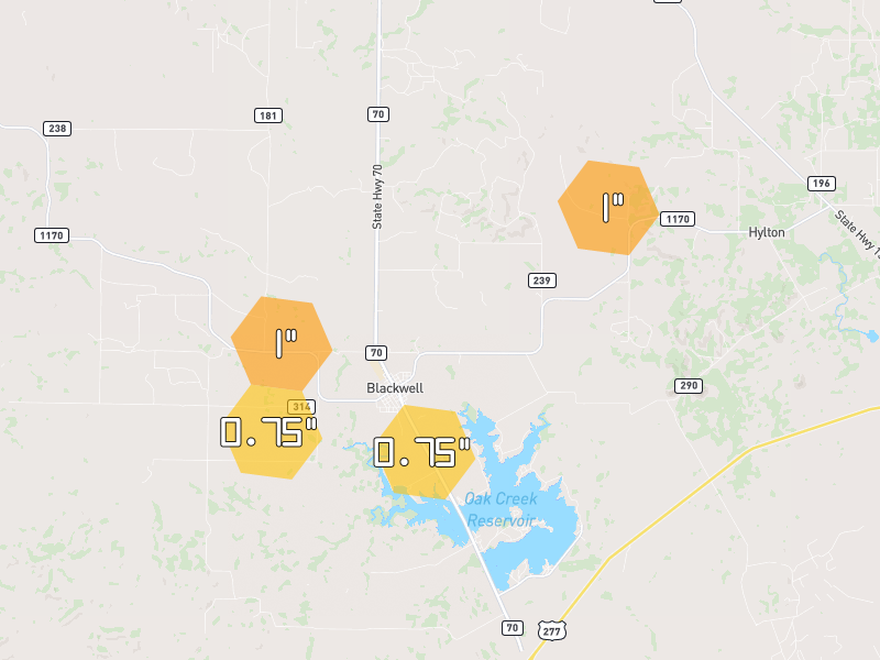 Hail map of Blackwell, TX on Jun 6, 2026, hail up to 1"