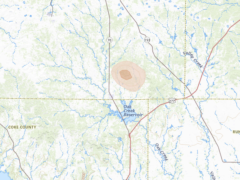 Radar-estimated hail-size map of the storm over Blackwell, TX on Jul 5, 2026