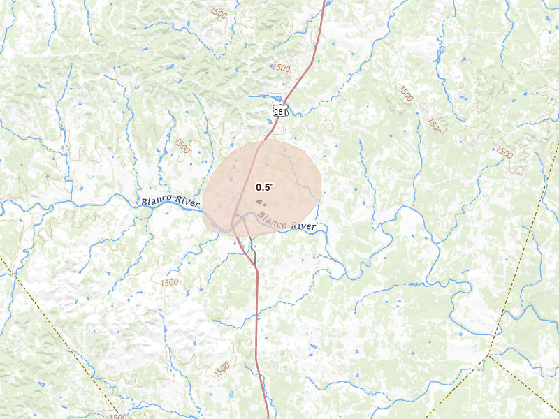 Radar-estimated hail-size map of the storm over Blanco, TX on May 10, 2026