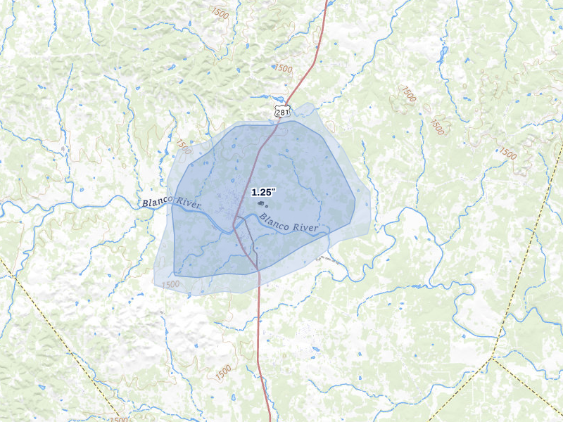 NEXRAD radar-signature map of the hail storm over Blanco, TX on May 10, 2026
