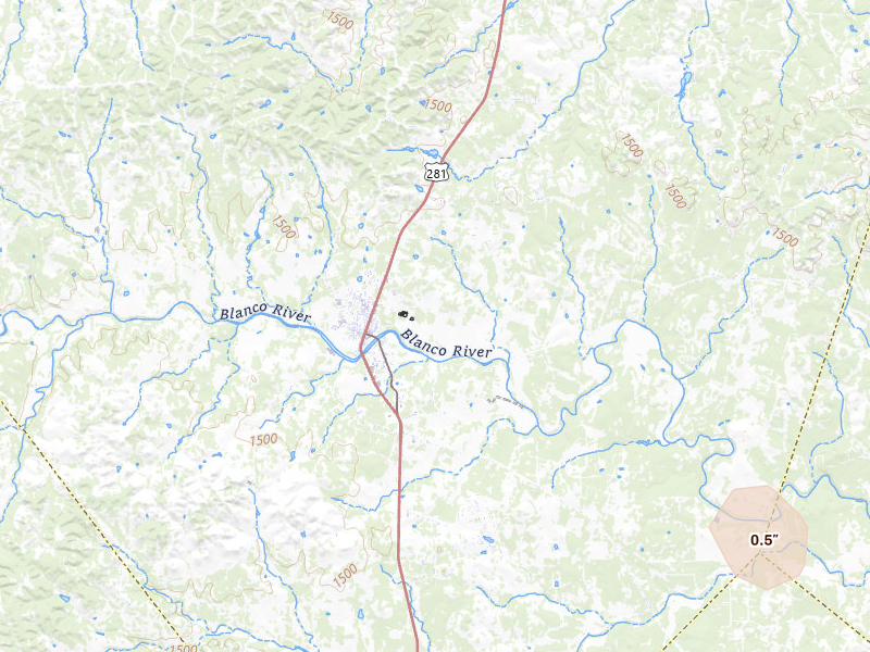 Radar-estimated hail-size map of the storm over Blanco, TX on May 21, 2026
