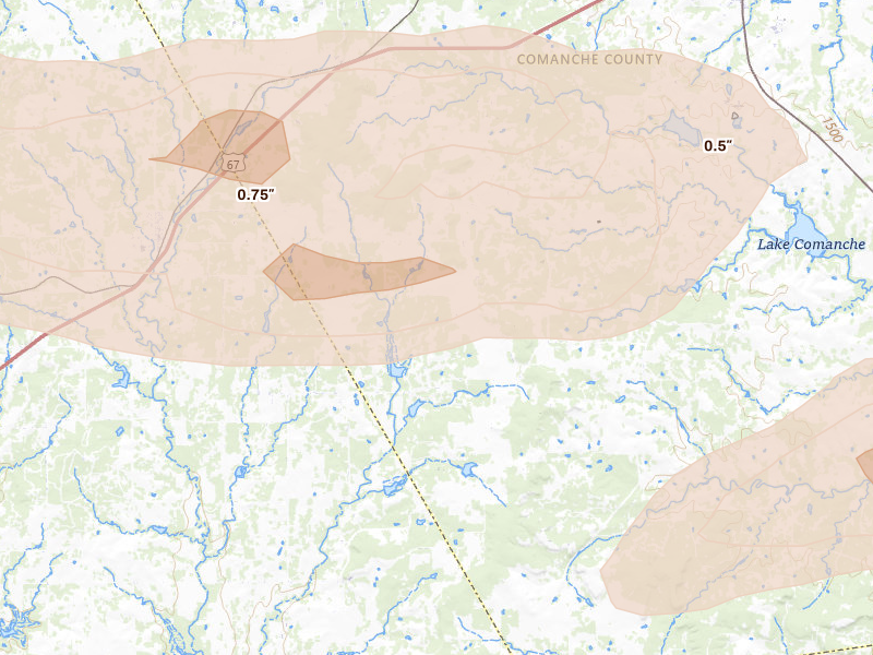 Radar-estimated hail-size map of the storm over Blanket, TX on Apr 29, 2026