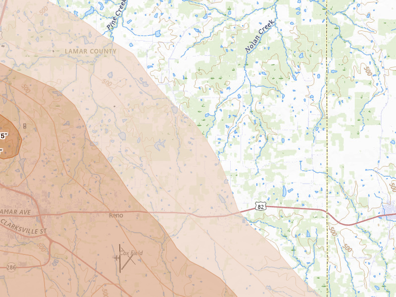 Radar-estimated hail-size map of the storm over Blossom, TX on Apr 24, 2026