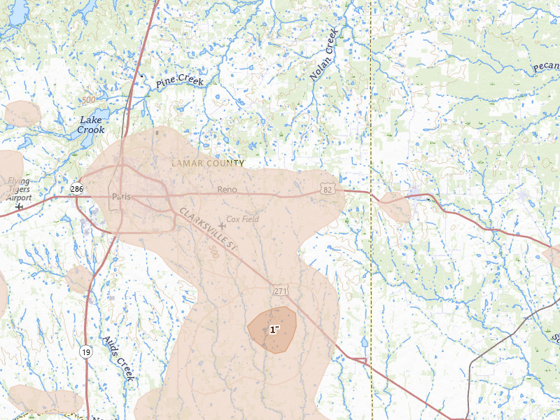 Radar-estimated hail-size map of the storm over Blossom, TX on May 9, 2026