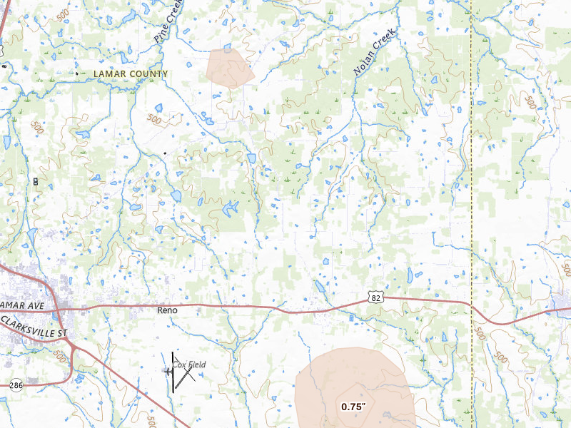Radar-estimated hail-size map of the storm over Blossom, TX on May 22, 2026