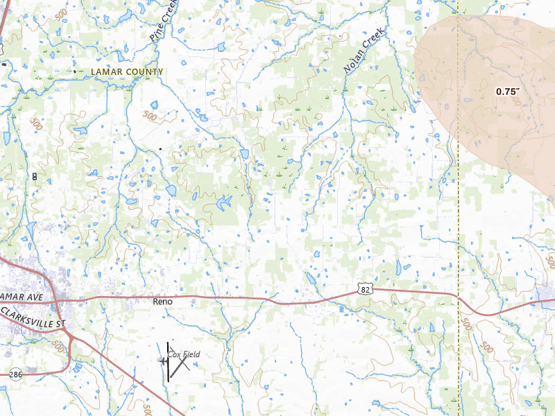Radar-estimated hail-size map of the storm over Blossom, TX on Jun 22, 2026