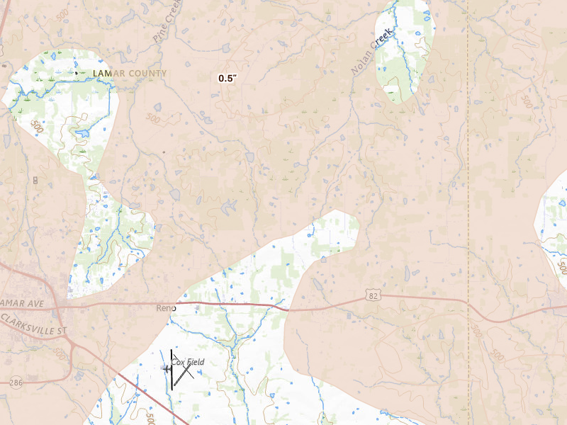Radar-estimated hail-size map of the storm over Blossom, TX on Jun 23, 2026