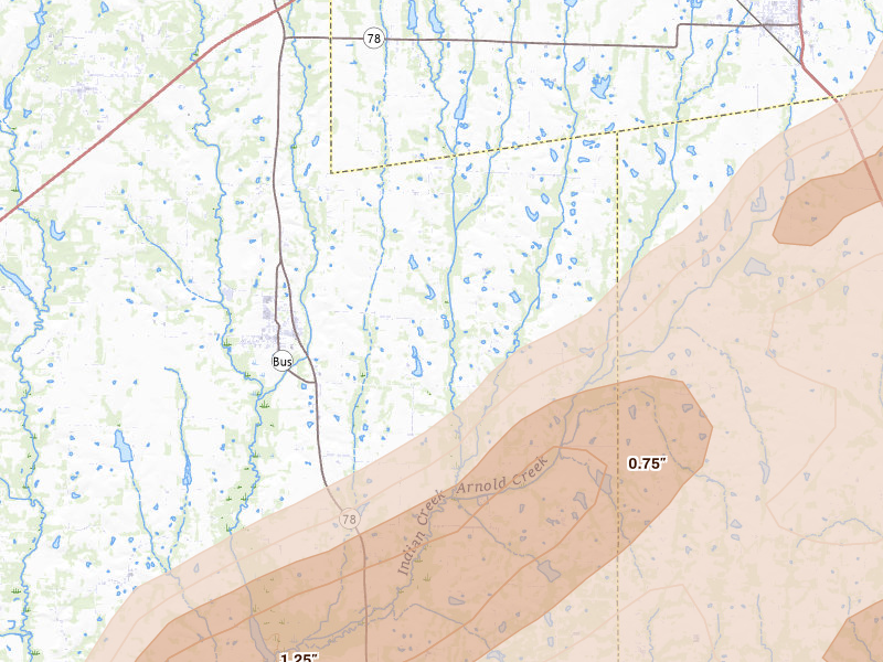 Radar-estimated hail-size map of the storm over Blue Ridge, TX on Apr 27, 2026