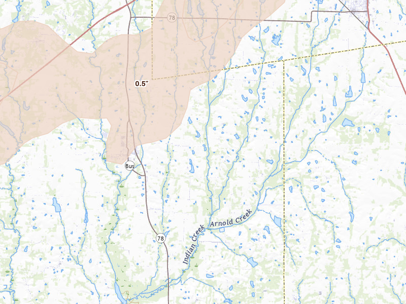 Radar-estimated hail-size map of the storm over Blue Ridge, TX on Jun 6, 2026