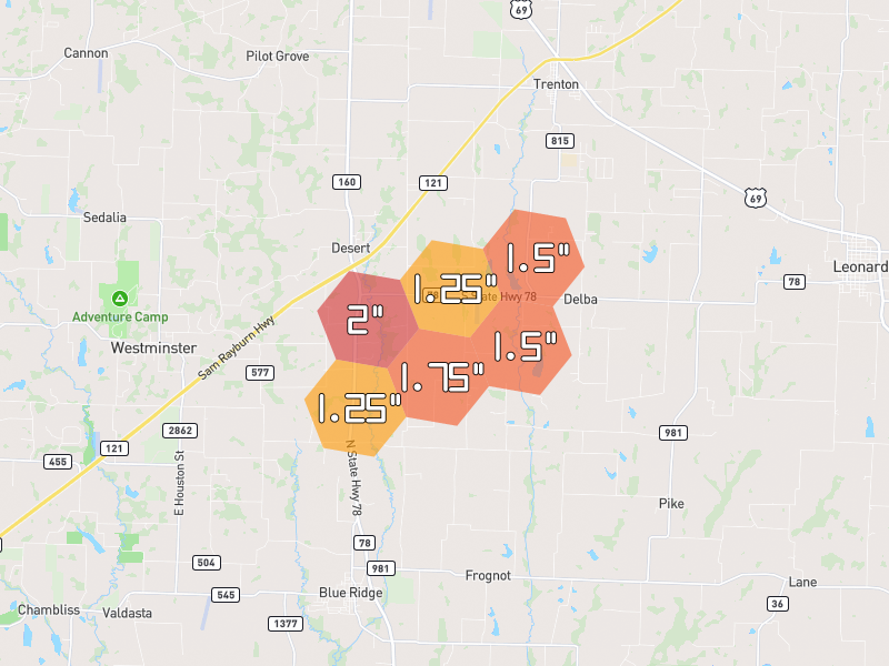 Hail map of Blue Ridge, TX on Jun 7, 2026, hail up to 2"