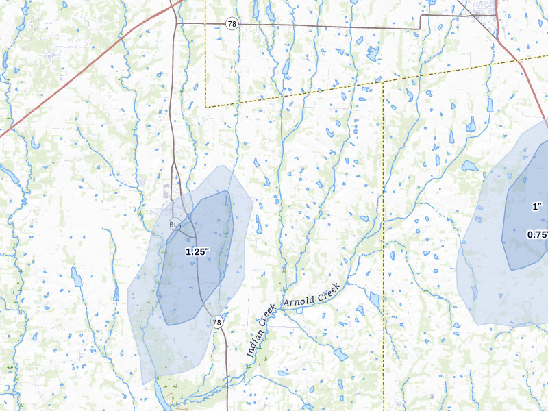 NEXRAD radar-signature map of the hail storm over Blue Ridge, TX on Jul 7, 2026