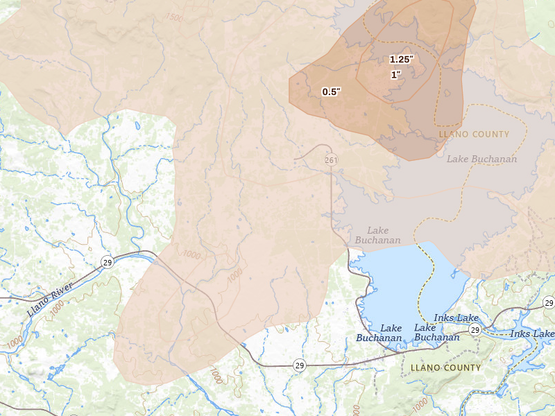 Radar-estimated hail-size map of the storm over Bluffton, TX on Mar 4, 2026