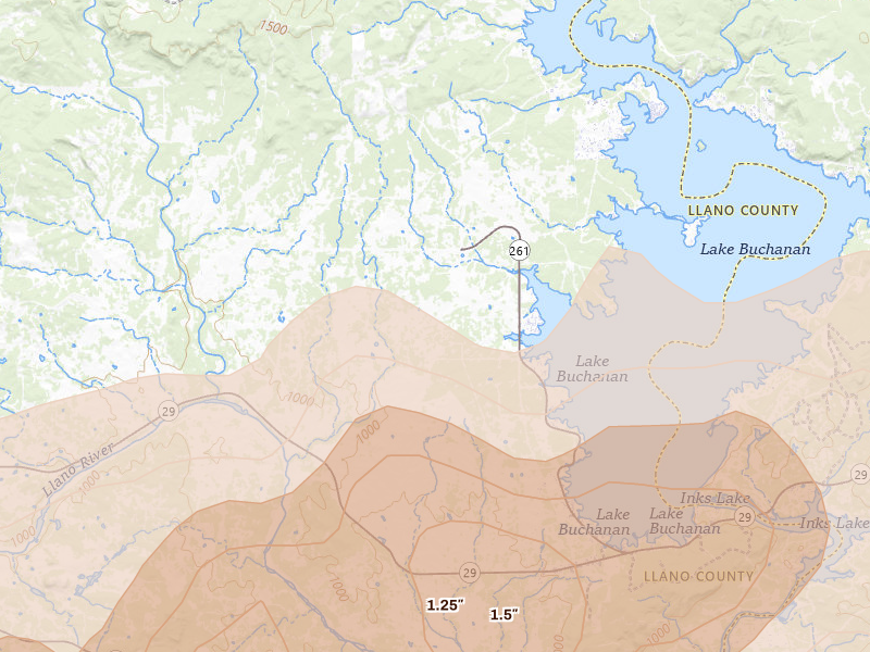 Radar-estimated hail-size map of the storm over Bluffton, TX on May 6, 2026