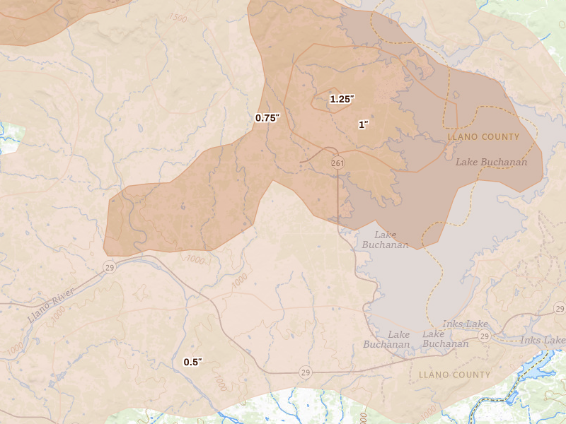 Radar-estimated hail-size map of the storm over Bluffton, TX on May 10, 2026