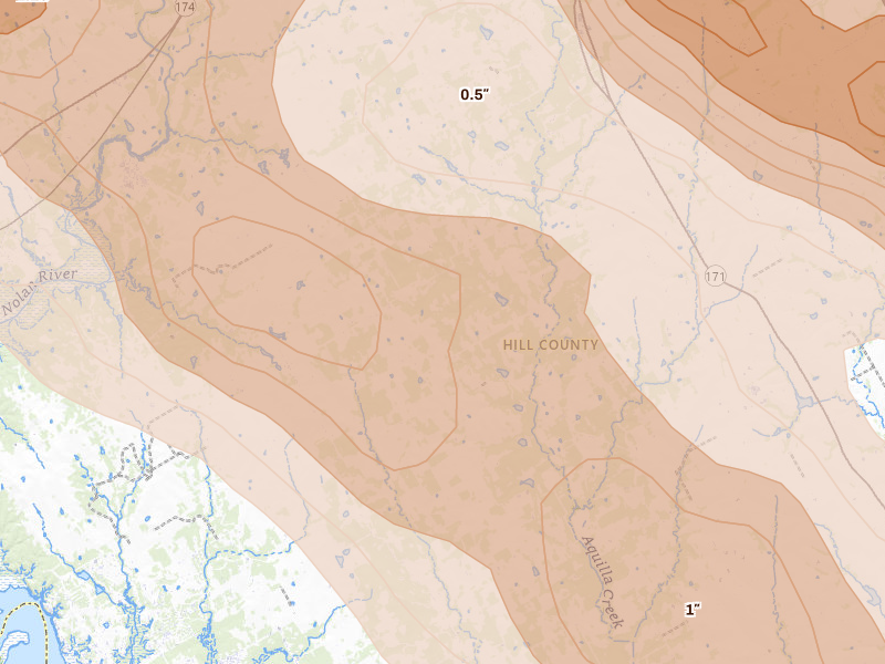 Radar-estimated hail-size map of the storm over Blum, TX on Apr 28, 2026
