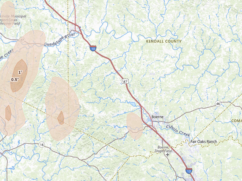 Radar-estimated hail-size map of the storm over Boerne, TX on May 26, 2026