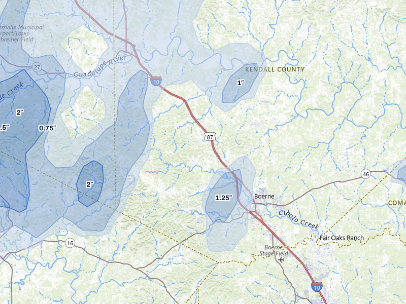 NEXRAD radar-signature map of the hail over Boerne, TX
