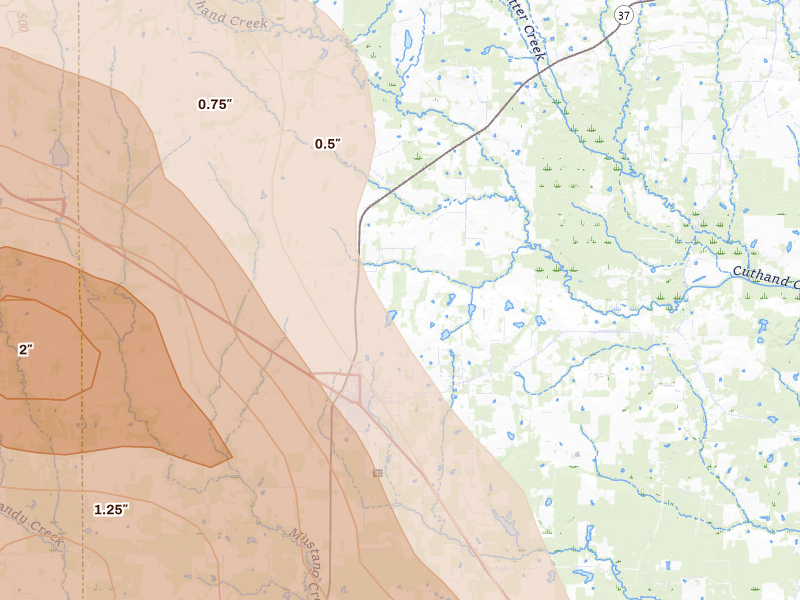 Radar-estimated hail-size map of the storm over Bogata, TX on Apr 24, 2026