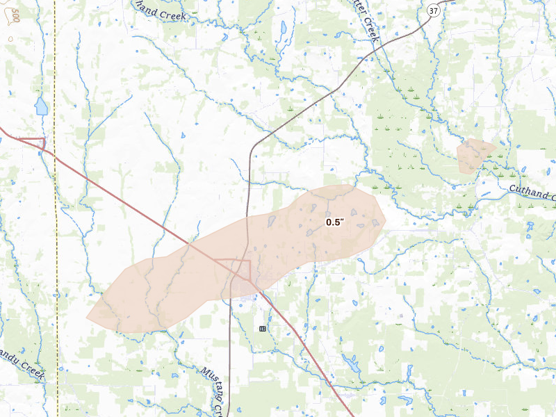 Radar-estimated hail-size map of the storm over Bogata, TX on Apr 29, 2026