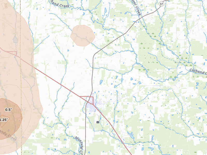 Radar-estimated hail-size map of the storm over Bogata, TX on May 22, 2026
