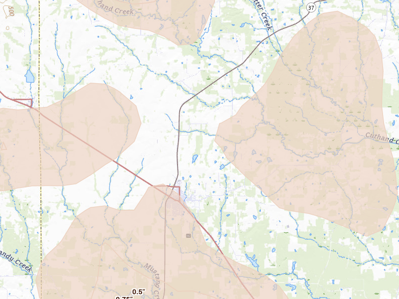 Radar-estimated hail-size map of the storm over Bogata, TX on Jun 23, 2026
