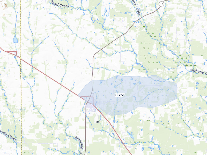 NEXRAD radar-signature map of the hail storm over Bogata, TX on Jul 12, 2026