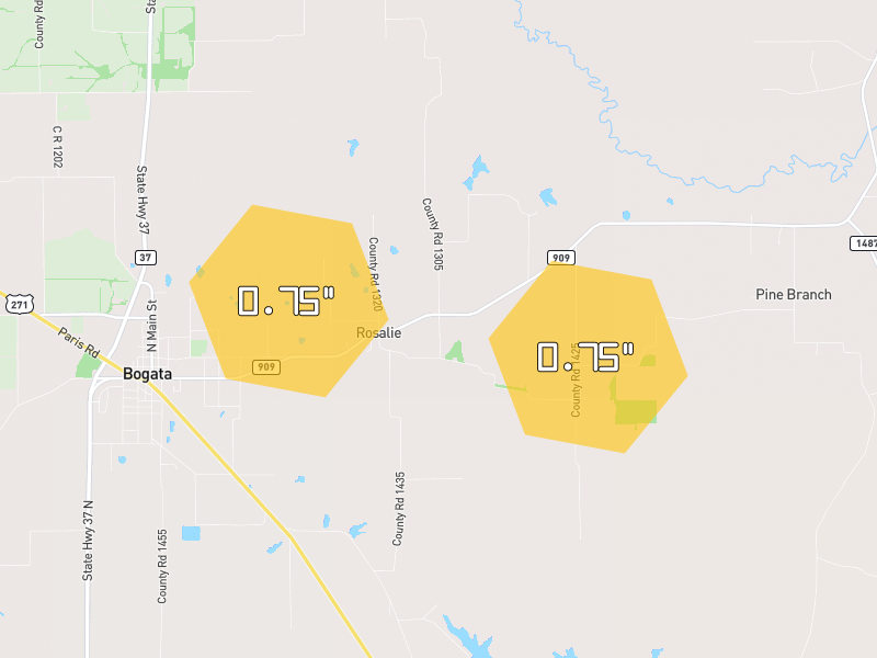Hail map of Bogata, TX on Jul 12, 2026, hail up to 0.75"