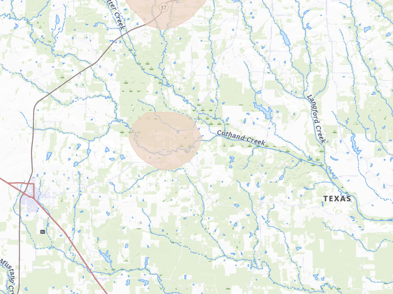 Radar-estimated hail-size map of the storm over Bogata, TX on Aug 7, 2026