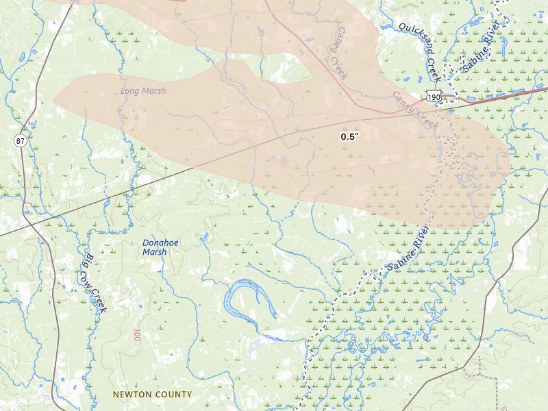Radar-estimated hail-size map of the storm over Bon Wier, TX on Apr 29, 2026