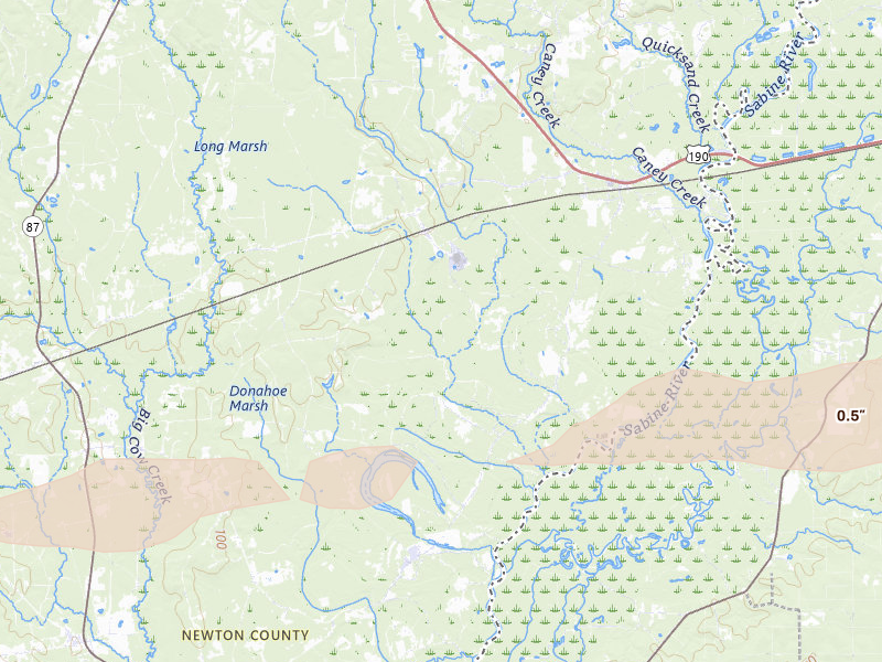 Radar-estimated hail-size map of the storm over Bon Wier, TX on May 8, 2026