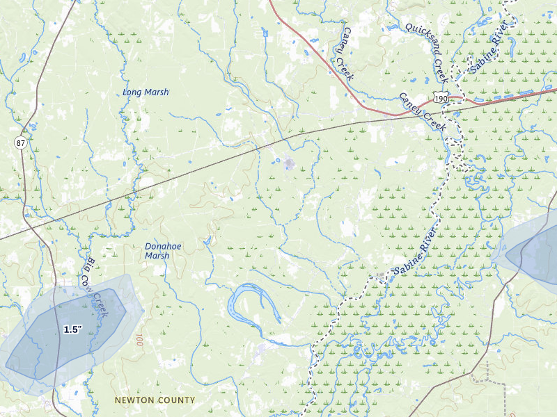 NEXRAD radar-signature map of the hail storm over Bon Wier, TX on May 8, 2026