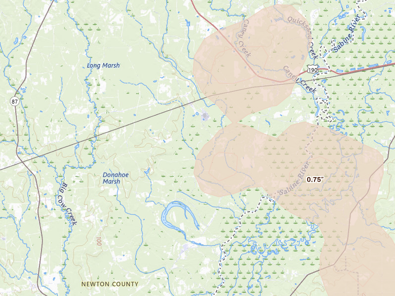 Radar-estimated hail-size map of the storm over Bon Wier, TX on Jul 7, 2026