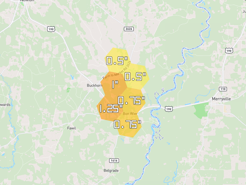 Hail map of Bon Wier, TX on Jul 7, 2026, hail up to 1.25"