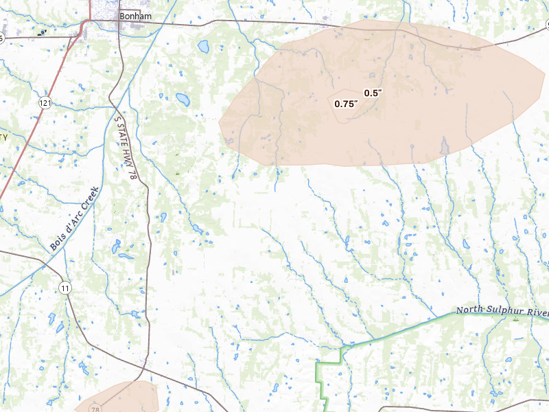 Radar-estimated hail-size map of the storm over Bonham, TX on May 9, 2026