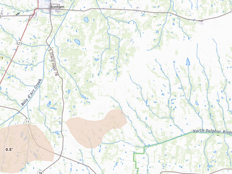 Radar-estimated hail-size map of the storm over Bonham, TX on Jun 6, 2026