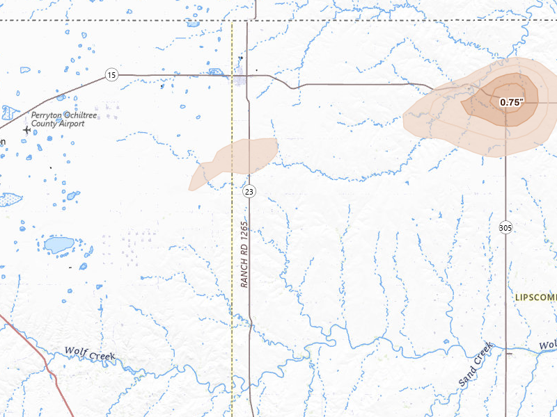Radar-estimated hail-size map of the storm over Booker, TX on May 9, 2026