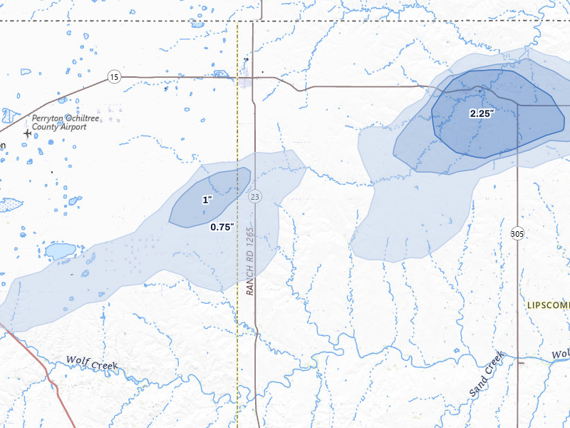 NEXRAD radar-signature map of the hail over Booker, TX