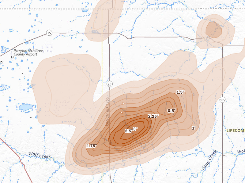 Radar-estimated hail-size map of the storm over Booker, TX on Jun 8, 2026