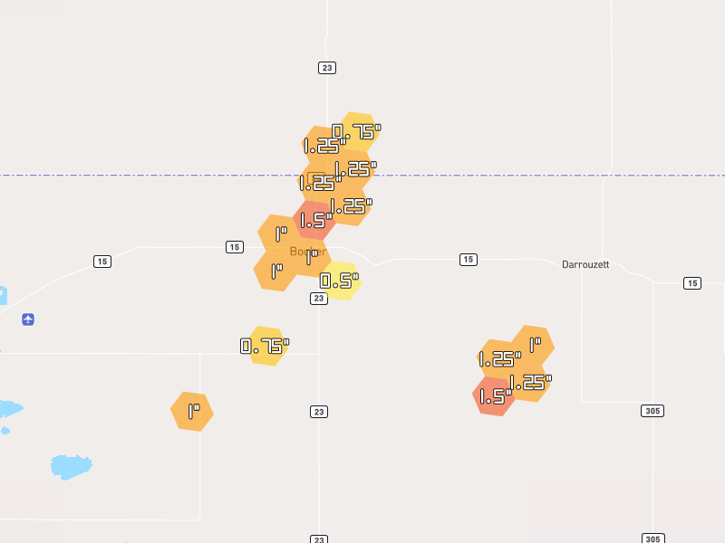 Hail map of Booker, TX on Jun 9, 2026, hail up to 1.5"