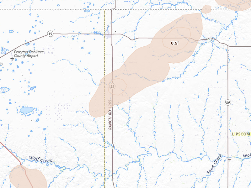 Radar-estimated hail-size map of the storm over Booker, TX on Jun 12, 2026
