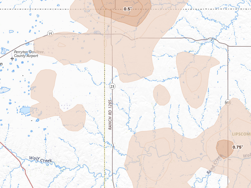Radar-estimated hail-size map of the storm over Booker, TX on Jun 23, 2026