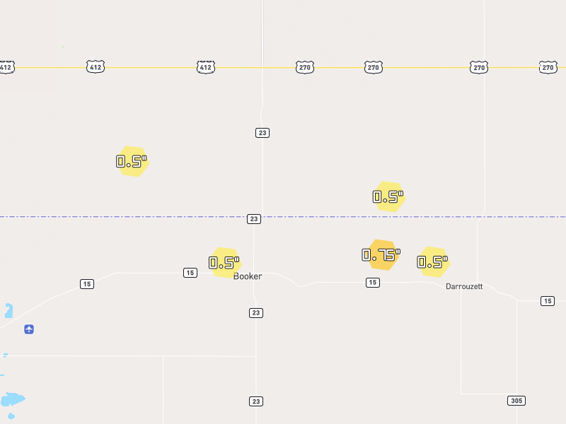 Hail map of Booker, TX on Jun 27, 2026, hail up to 0.75"