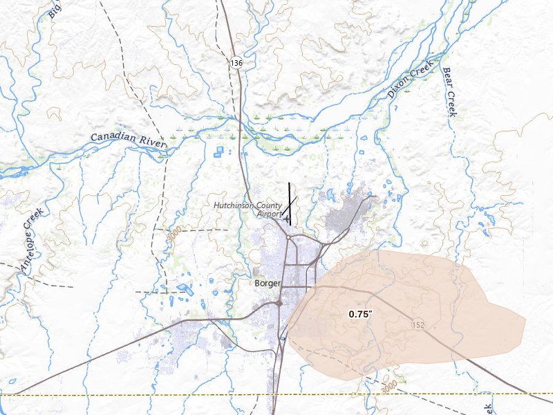 Radar-estimated hail-size map of the storm over Borger, TX on Jun 25, 2026