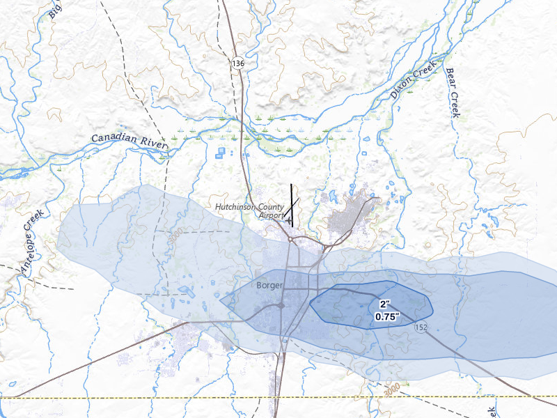 NEXRAD radar-signature map of the hail storm over Borger, TX on Jun 25, 2026